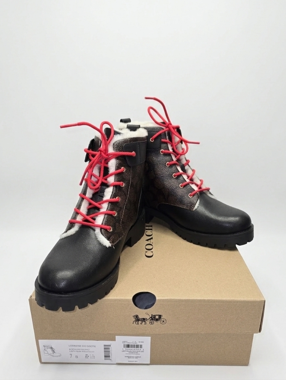 Coach Lorraine black/Mahogany leather & brown signature canvas boots, red laces
